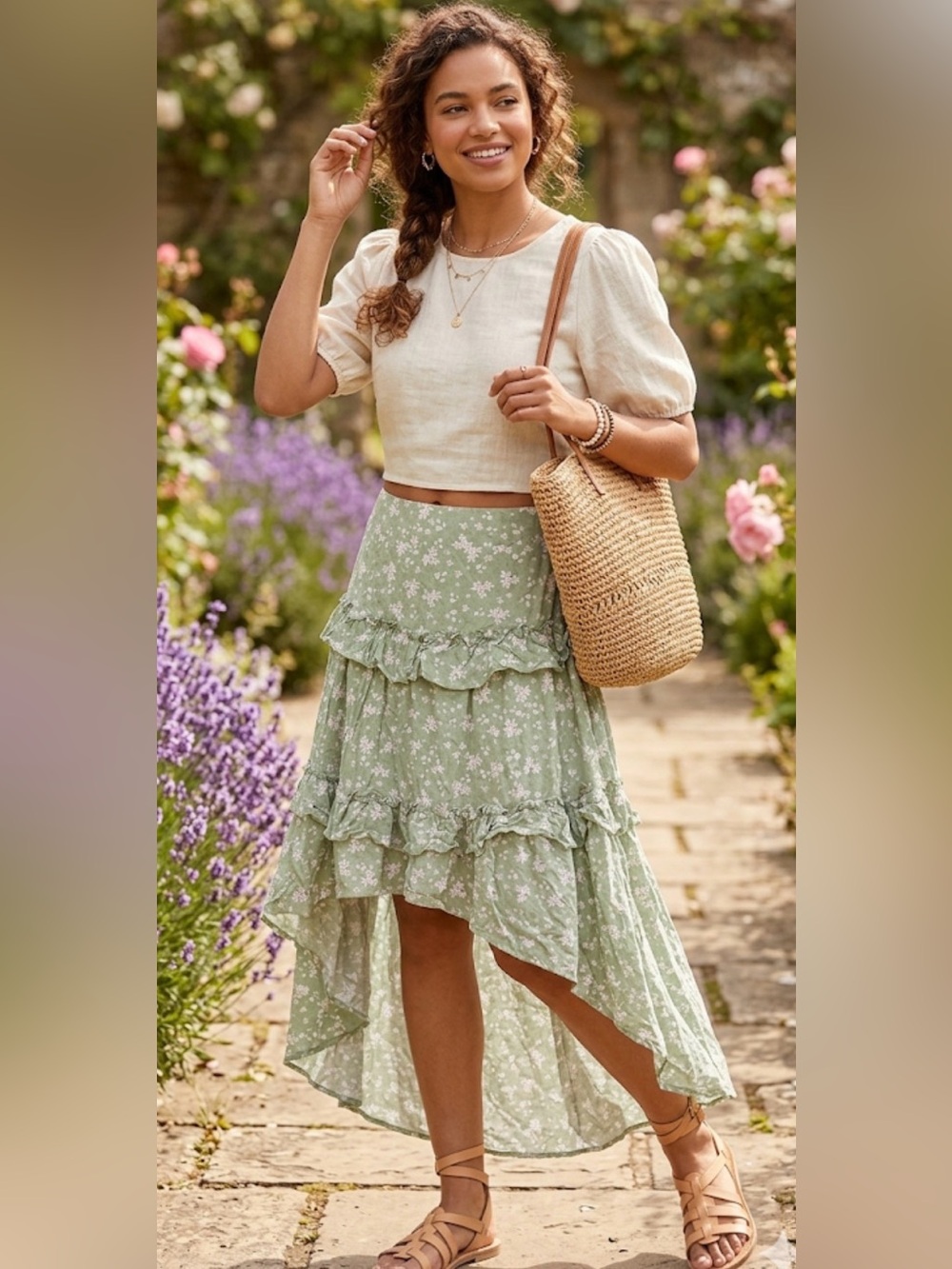 Celebrity Pink Sage Green Floral High-Low Ruffle Skirt